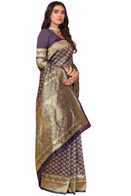 Leeza store women's blue cotton silk blend latest kanjivaram kanchipuram golden zari woven design banarasi saree 2