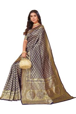 Leeza store women's blue cotton silk blend latest kanjivaram kanchipuram golden zari woven design banarasi saree 3
