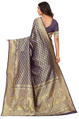 Leeza store women's blue cotton silk blend latest kanjivaram kanchipuram golden zari woven design banarasi saree 4