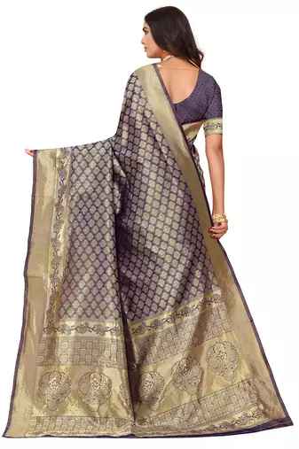 Leeza store women's blue cotton silk blend latest kanjivaram kanchipuram golden zari woven design banarasi saree