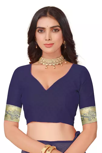 Leeza store women's blue cotton silk blend latest kanjivaram kanchipuram golden zari woven design banarasi saree