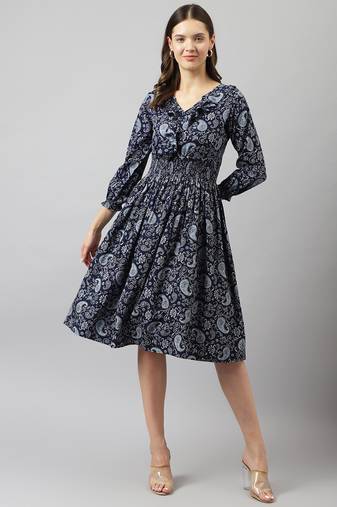 Keri perry women's navy blue rayon paisley print fit & flared western dress