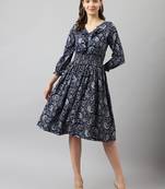 Keri perry women's navy blue rayon paisley print fit & flared western dress