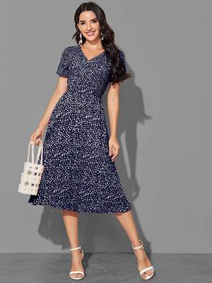 Keri perry women's navy blue lycra abstract fit & flared western dress 1