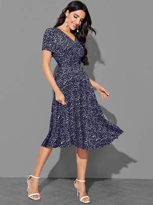 Keri perry women's navy blue lycra abstract fit & flared western dress 2