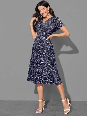 Keri perry women's navy blue lycra abstract fit & flared western dress 3