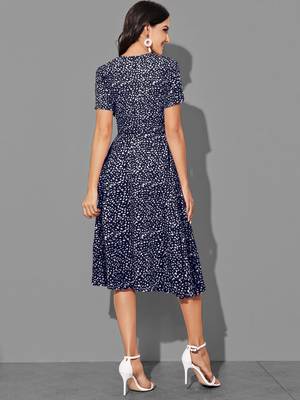 Keri perry women's navy blue lycra abstract fit & flared western dress 4