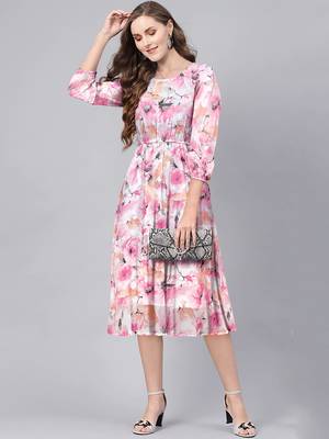 Keri perry women's pink georgette floral fit & flared western dress 1