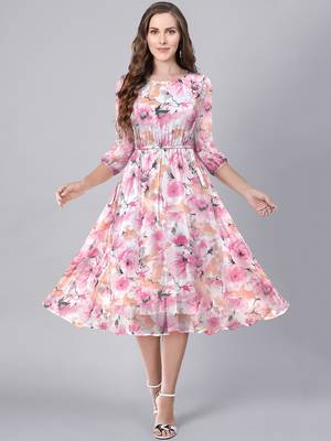 Keri perry women's pink georgette floral fit & flared western dress 2