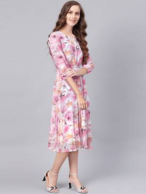Keri perry women's pink georgette floral fit & flared western dress 3