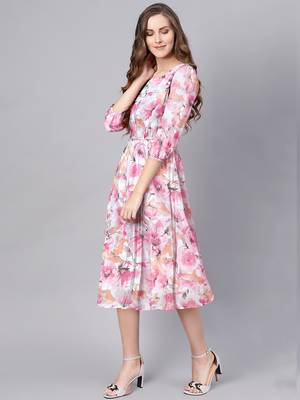 Keri perry women's pink georgette floral fit & flared western dress 4
