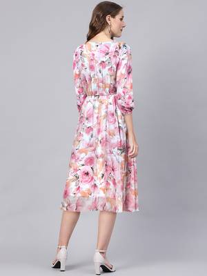 Keri perry women's pink georgette floral fit & flared western dress 5