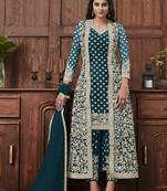 Dark teal color embroideried net semi stitched salwar suit