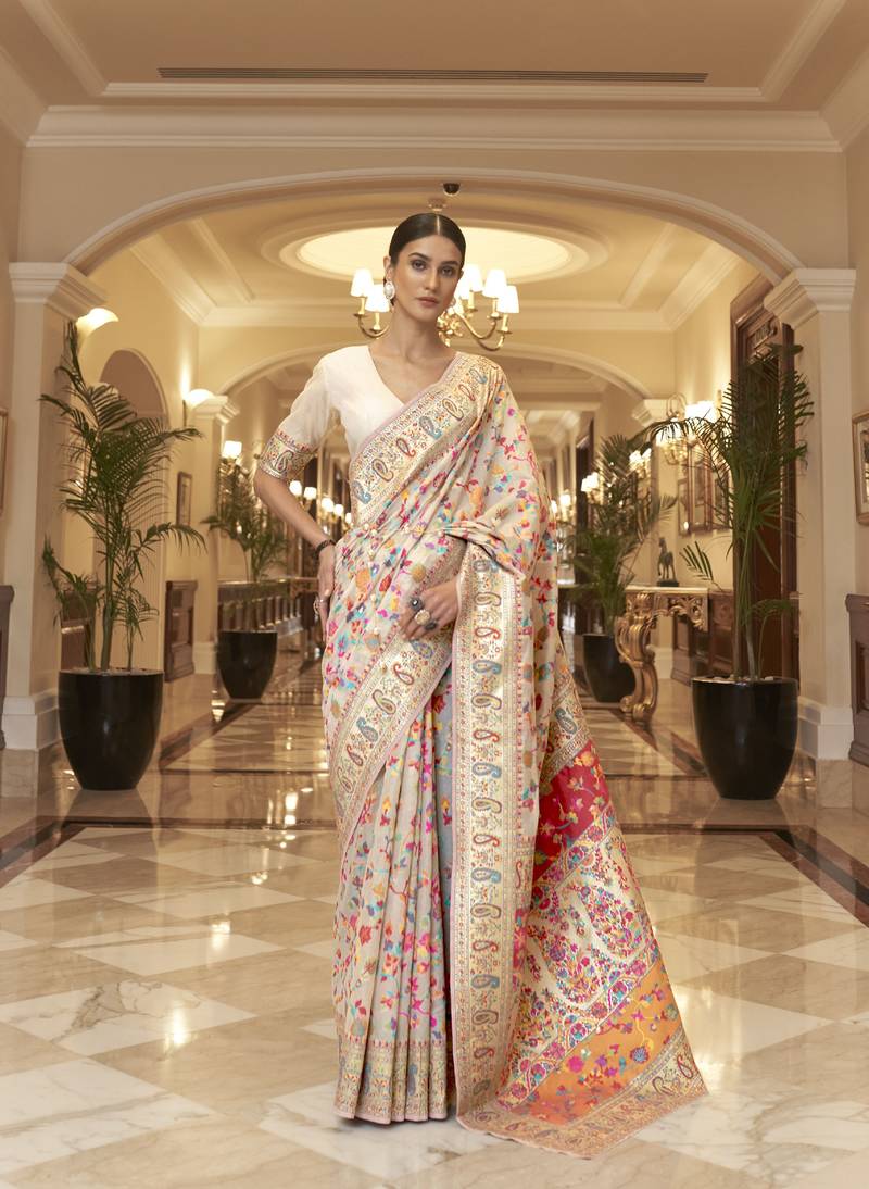 Kimisha women's cream silk woven saree with unstitched blouse piece