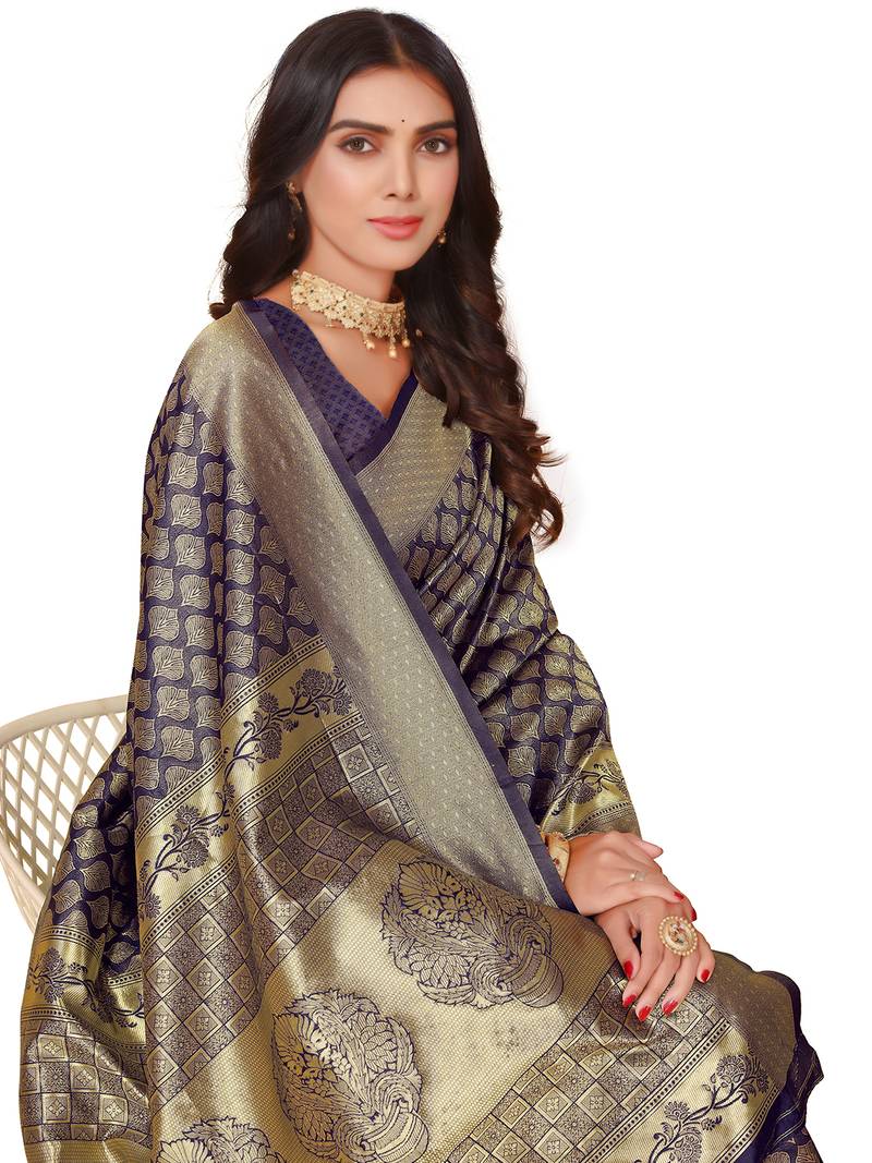 Leeza Store Women's Blue Cotton Silk Blend Latest Kanjivaram Kanchipuram Golden Zari Woven Design Banarasi Saree