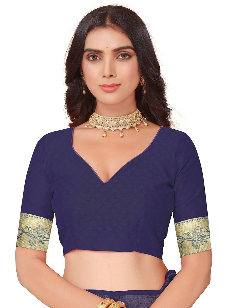 Leeza Store Women's Blue Cotton Silk Blend Latest Kanjivaram Kanchipuram Golden Zari Woven Design Banarasi Saree