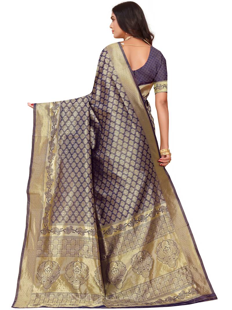 Leeza Store Women's Blue Cotton Silk Blend Latest Kanjivaram Kanchipuram Golden Zari Woven Design Banarasi Saree