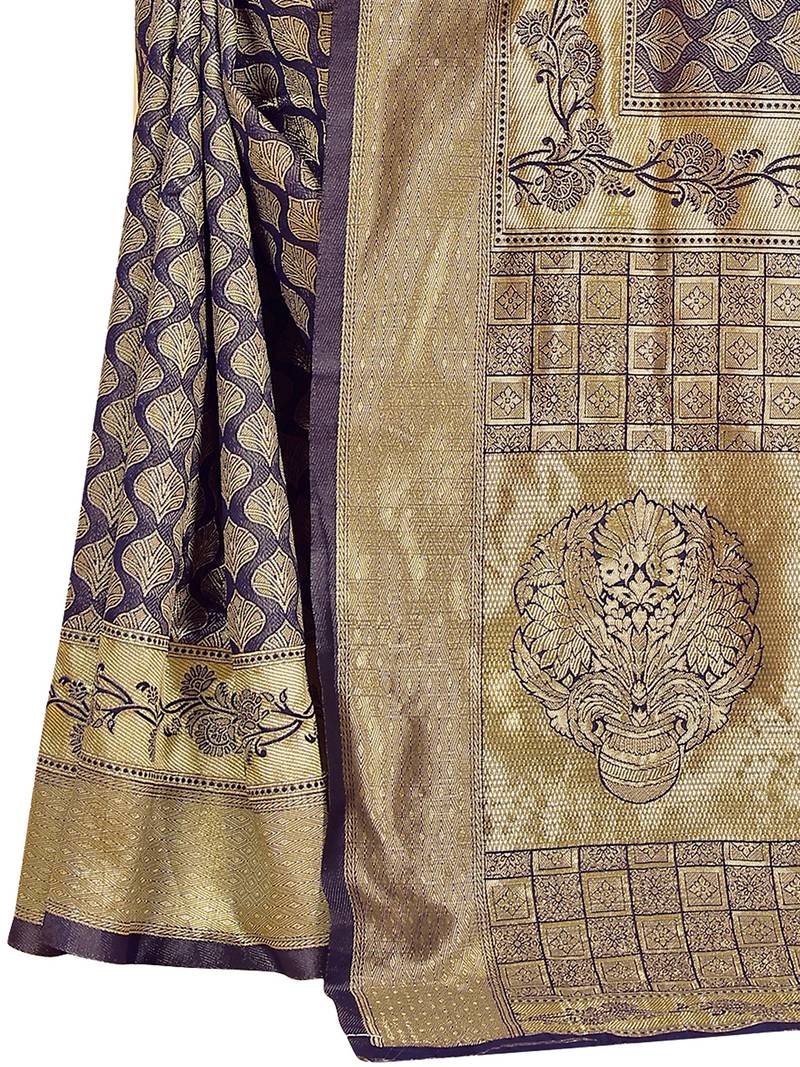 Leeza Store Women's Blue Cotton Silk Blend Latest Kanjivaram Kanchipuram Golden Zari Woven Design Banarasi Saree