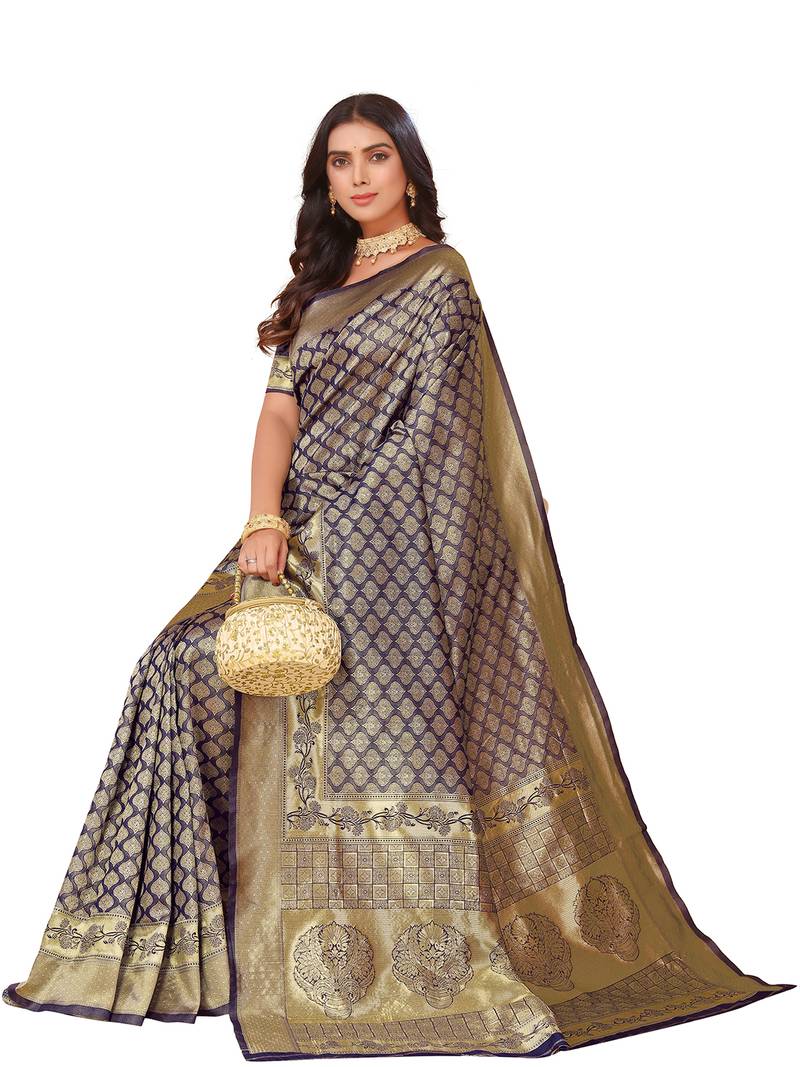 Leeza Store Women's Blue Cotton Silk Blend Latest Kanjivaram Kanchipuram Golden Zari Woven Design Banarasi Saree