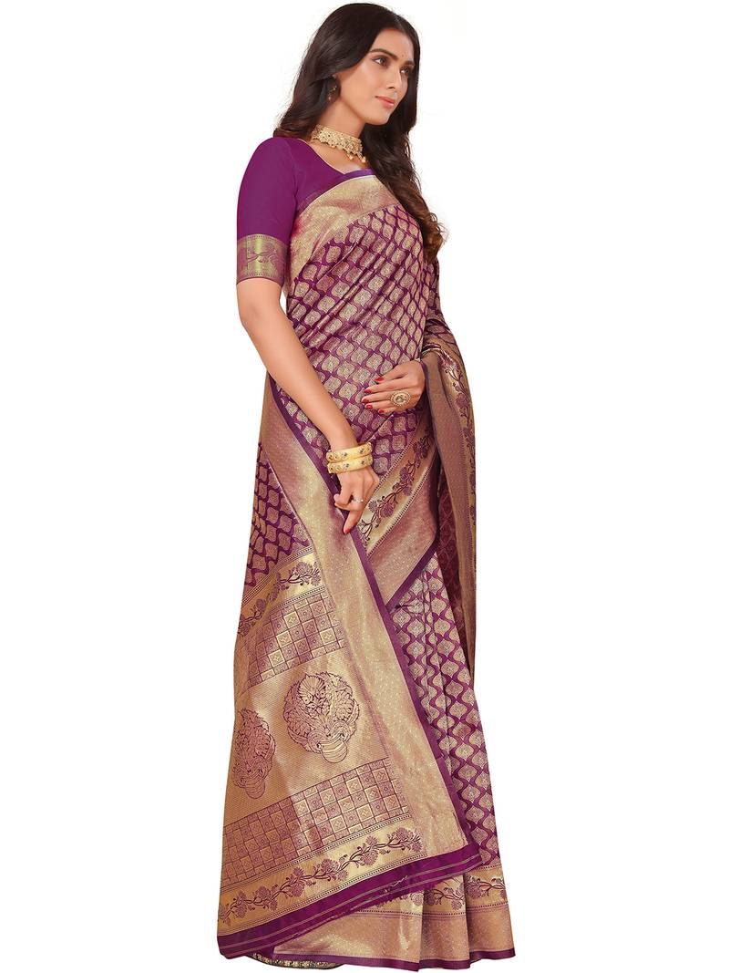 Leeza Store Women's Purple Cotton Silk Blend Latest Kanjivaram Kanchipuram Golden Zari Woven Design Banarasi Saree