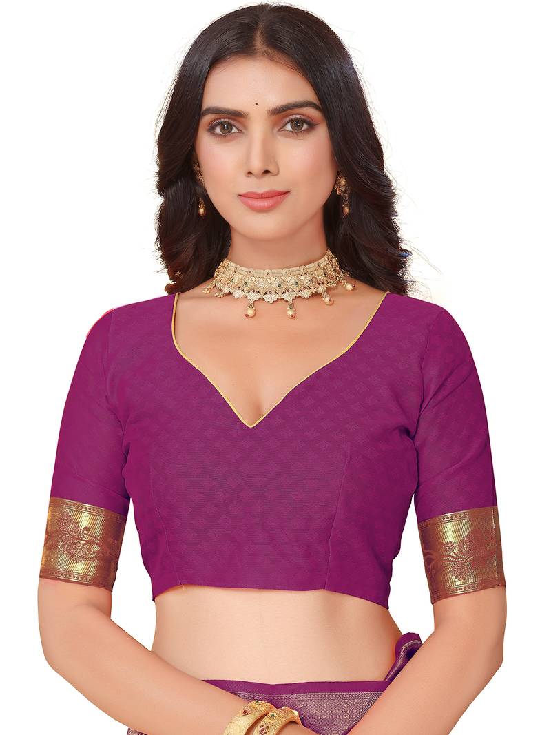 Leeza Store Women's Purple Cotton Silk Blend Latest Kanjivaram Kanchipuram Golden Zari Woven Design Banarasi Saree