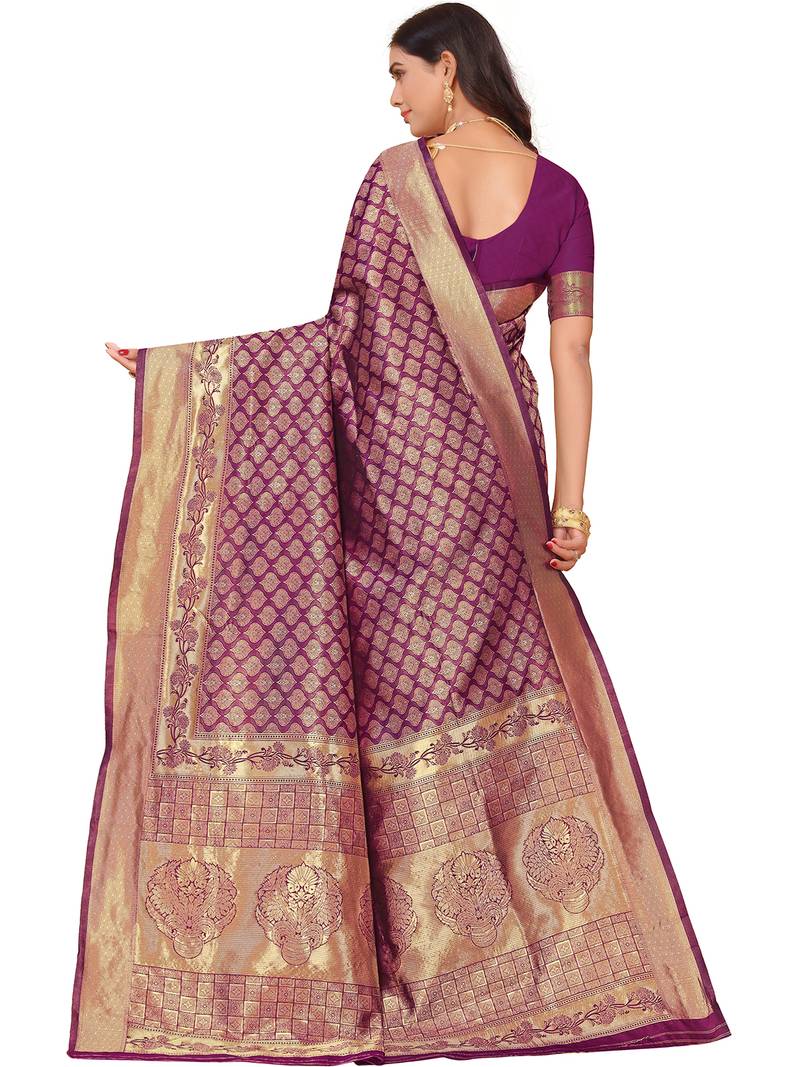 Leeza Store Women's Purple Cotton Silk Blend Latest Kanjivaram Kanchipuram Golden Zari Woven Design Banarasi Saree