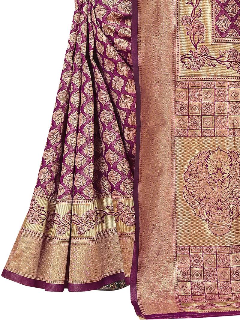 Leeza Store Women's Purple Cotton Silk Blend Latest Kanjivaram Kanchipuram Golden Zari Woven Design Banarasi Saree