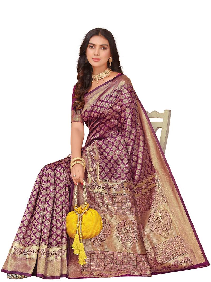 Leeza Store Women's Purple Cotton Silk Blend Latest Kanjivaram Kanchipuram Golden Zari Woven Design Banarasi Saree