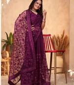 Vairagee Wine Soft Net Saree With Embroidery Work & Blouse Mono Banglory