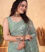 Vairagee Olive Soft Net Saree With Embroidery Work & Blouse Mono Banglory