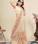 Crean Net Multicolor Floral Embroidered Saree