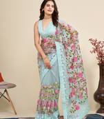 Vairagee Sky_Blue Soft Net Saree With Flower Embroidery & Blouse Banglory