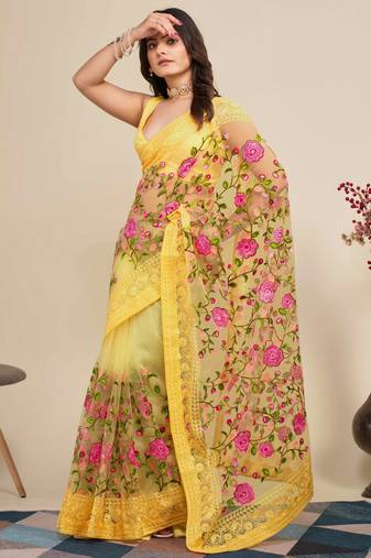 Vairagee Yellow Soft Net Saree With Flower Embroidery & Blouse Banglory