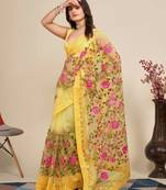 Vairagee Yellow Soft Net Saree With Flower Embroidery & Blouse Banglory