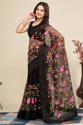 Vairagee Black Soft Net Saree With Flower Embroidery & Blouse Banglory