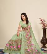 Olive Net Floral Printed Saree and Border Embroidery 