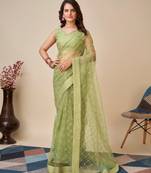 Vairagee Olive Soft Net Saree With Checks Embroidery Work & Blouse Mono Banglory