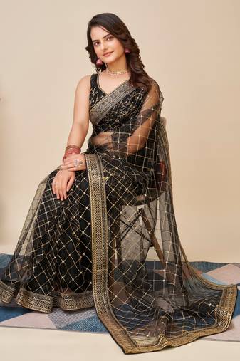 Vairagee Black Soft Net Saree With Checks Embroidery Work & Blouse Mono Banglory