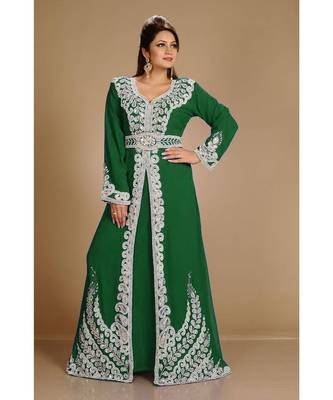 Dark-Green color Full Sleeves Handmade Moroccan Kaftan With Sun-proof hijab 1