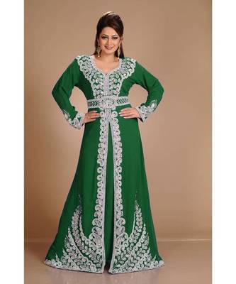Dark-Green color Full Sleeves Handmade Moroccan Kaftan With Sun-proof hijab 2