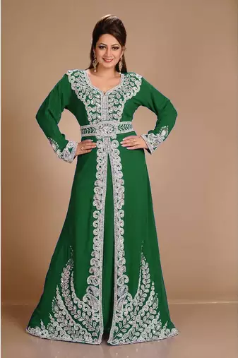 Dark-Green color Full Sleeves Handmade Moroccan Kaftan With Sun-proof hijab