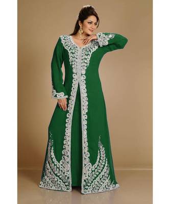 Dark-Green color Full Sleeves Handmade Moroccan Kaftan With Sun-proof hijab 3