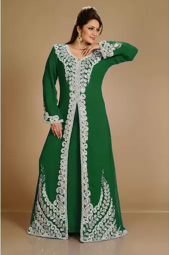 Dark-Green color Full Sleeves Handmade Moroccan Kaftan With Sun-proof hijab