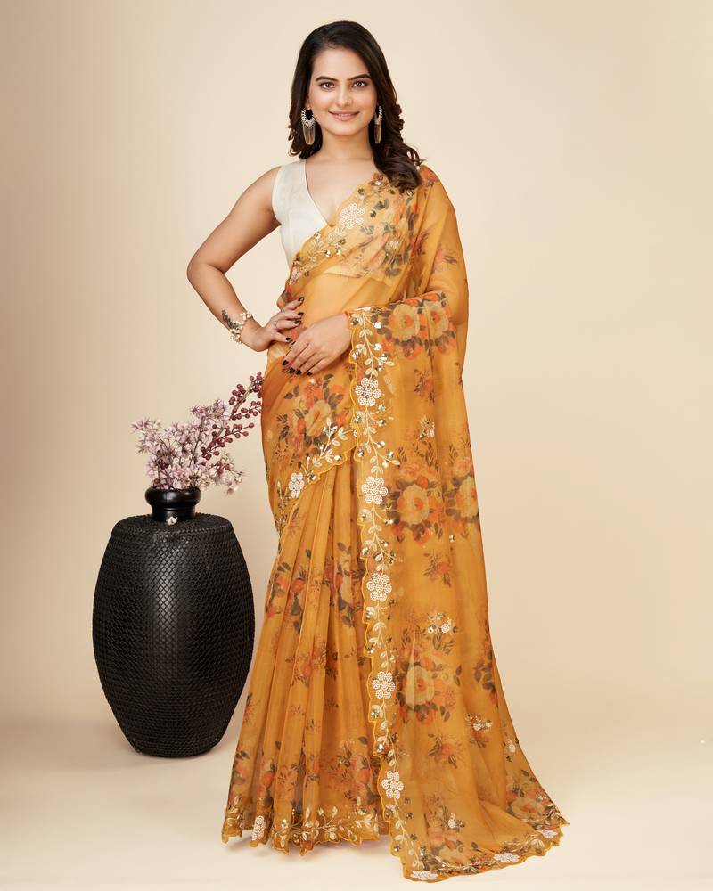 Vairagee Mustard Organza Silk  Floral Printed Saree With Embroidery Work & Blouse Mono Banglory