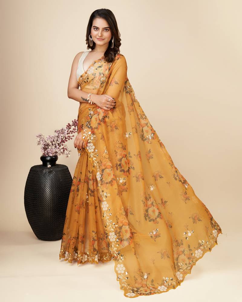 Vairagee Mustard Organza Silk  Floral Printed Saree With Embroidery Work & Blouse Mono Banglory
