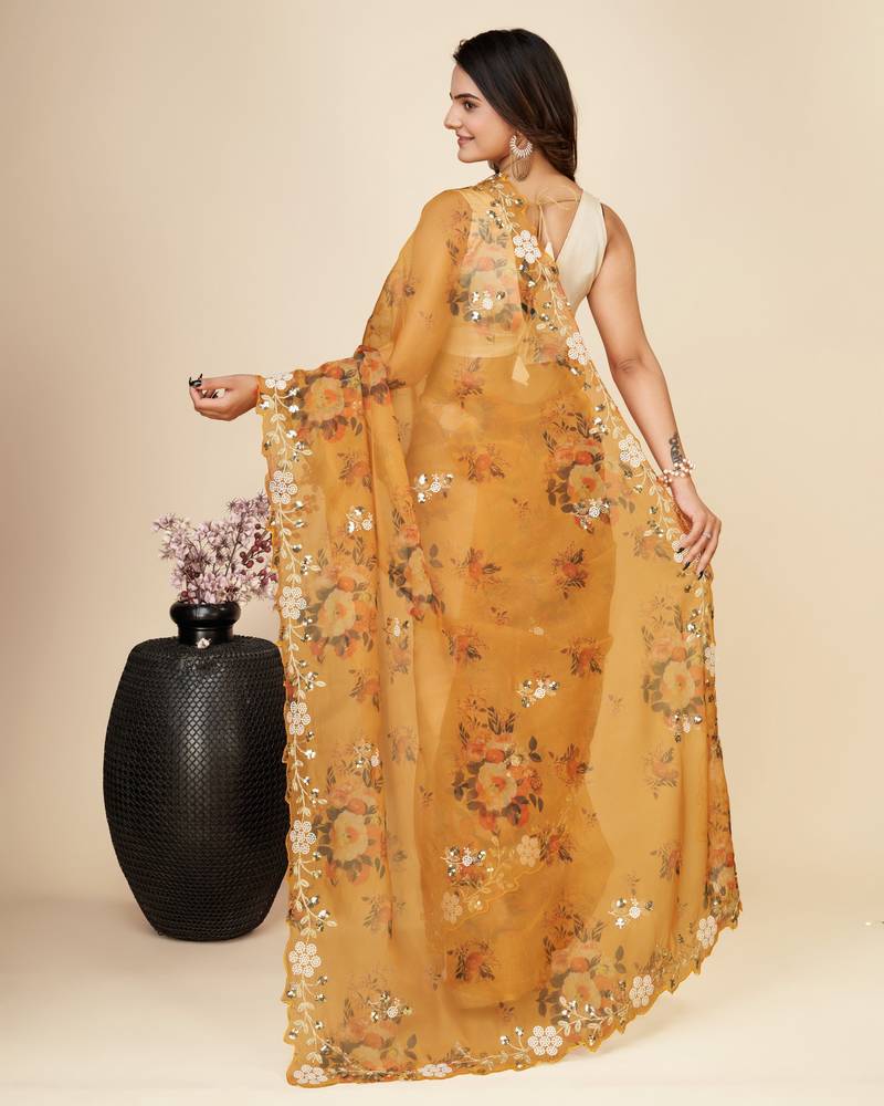 Vairagee Mustard Organza Silk  Floral Printed Saree With Embroidery Work & Blouse Mono Banglory