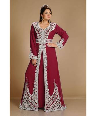 Maroon color full sleeves Handmade Moroccan Kaftan with Sun-proof hiijab 1