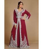 Maroon color luxurious full sleeves Handmade Moroccan Kaftan with Sun-proof hiijab.