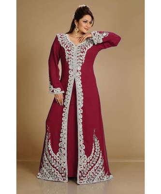 Maroon color full sleeves Handmade Moroccan Kaftan with Sun-proof hiijab 2