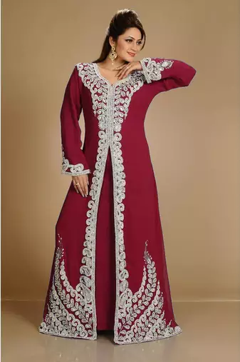 Maroon color full sleeves Handmade Moroccan Kaftan with Sun-proof hiijab